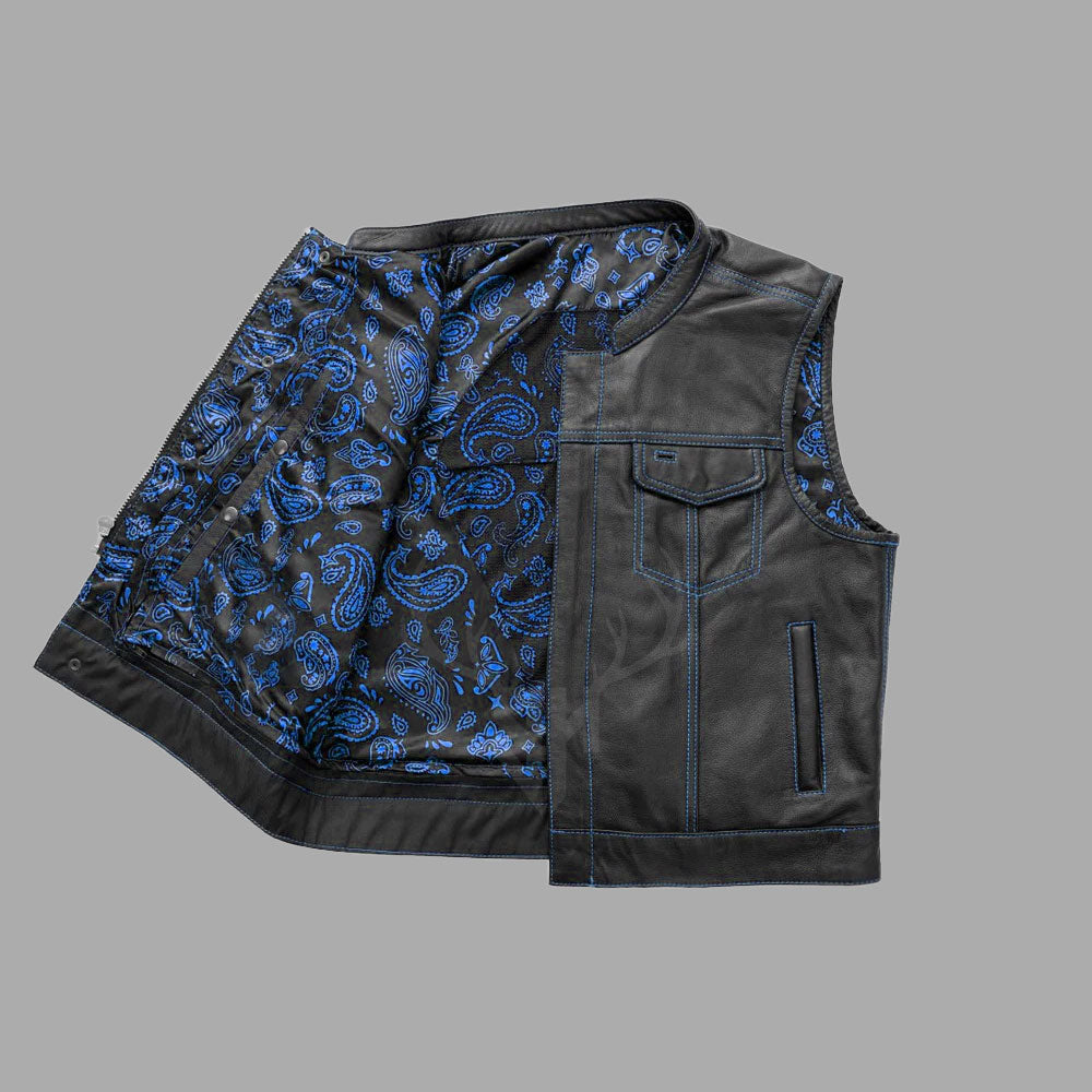 Interior view of BlueMark cowhide motorcycle vest showing the unique printed blue polyester lining. This standout feature adds style and individuality to the rugged black leather exterior, making the vest perfect for expressive club riders and stylish bikers.
