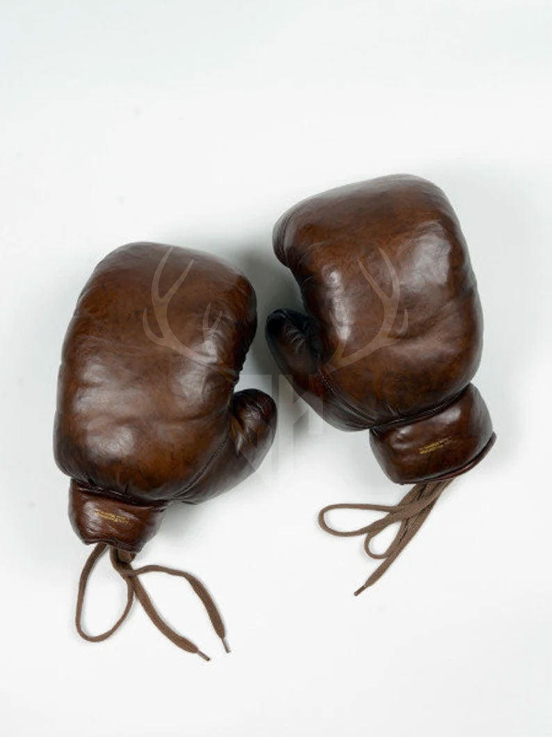 Pair of Retro Vintage Brown Leather Boxing Gloves laid side by side, highlighting rich brown patina, personalized detailing, and full grain leather for training or display.