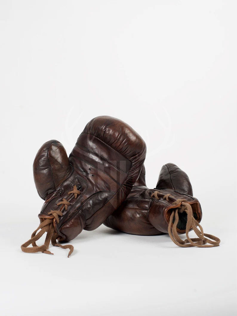 Retro Vintage Brown Heavy Leather Boxing Gloves on white background, showing authentic vintage appeal, laced closure, and handcrafted build quality.