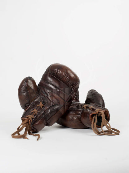 Retro Vintage Brown Heavy Leather Boxing Gloves on white background, showing authentic vintage appeal, laced closure, and handcrafted build quality.