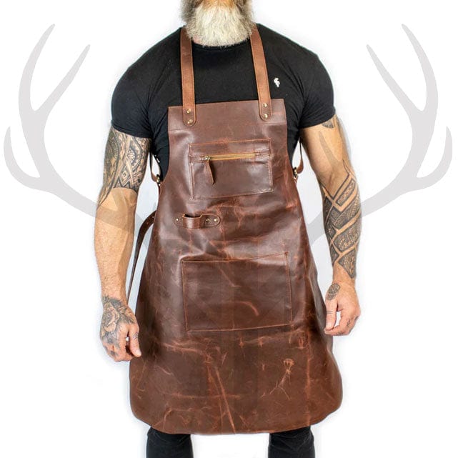 rustic brown leather apron, full-grain leather work apron, adjustable crossover straps apron, durable leather apron, high-quality leather apron

