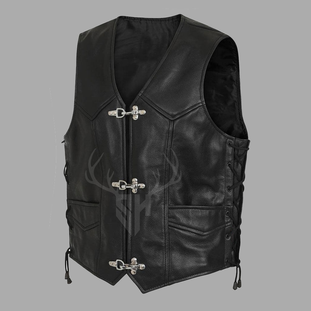 Detailed side profile of RiderX customizable black biker vest made from A+ cowhide leather. The vest includes adjustable side laces for a personalized fit, a sleek hook front closure, and expertly stitched edges for durability. Designed for motorcycle club members and rebel-style enthusiasts.

