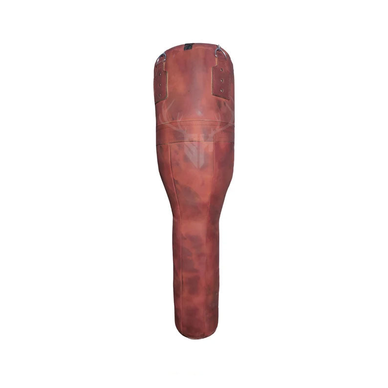 Close-up of the Striker Uppercut Leather Punching Bag showcasing its inclined uppercut design and premium full-grain cowhide leather. The handcrafted reinforced stitching and natural leather grain highlight the bag’s durability and professional-grade quality, perfect for boxing, MMA, and martial arts training enthusiasts looking for high-performance equipment.

