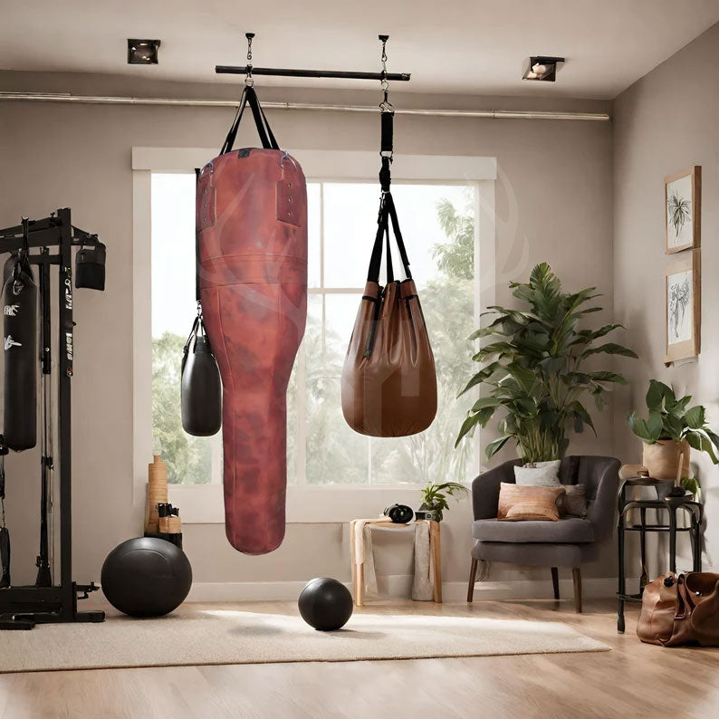 Clear sizing chart image illustrating the four available sizes of the Striker Uppercut Leather Punching Bag with dimensions and approximate weights to help buyers choose the perfect fit for their training needs.

