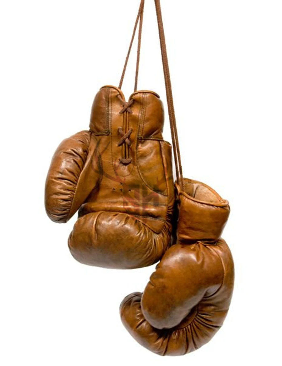 Personalized Retro Vintage Tan Leather Boxing Gloves with engraved initials, showcasing the custom name feature and high-quality full-grain cowhide leather texture.

